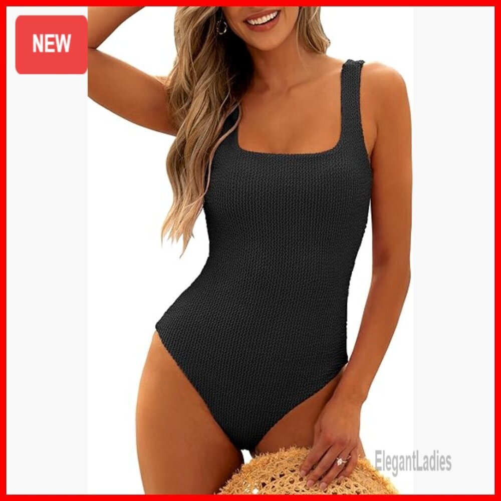 Women's Ribbed One Piece Swimsuit Square Neck Backless Full Coverage
